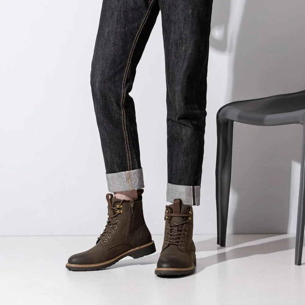 ⚡Men's Brown Motorcycle Lace Up Casual Leather Boots Zipper Fashion Chukka Boot